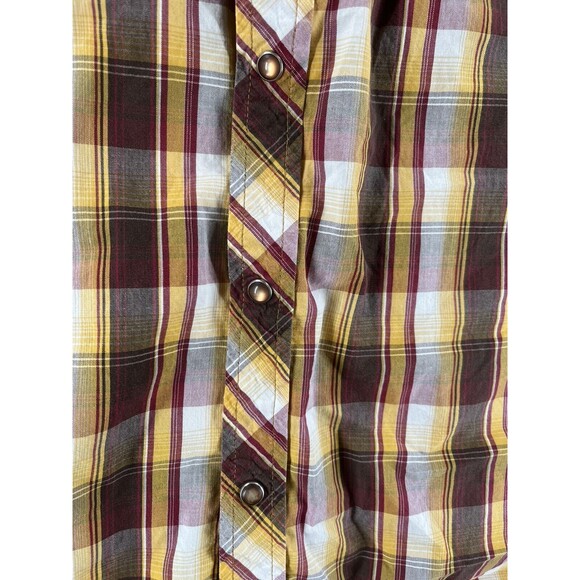 Prana Shirt Men’s Large Short Sleeve Collar Brown Yellow Pearl Snap Button Front - Picture 4 of 6